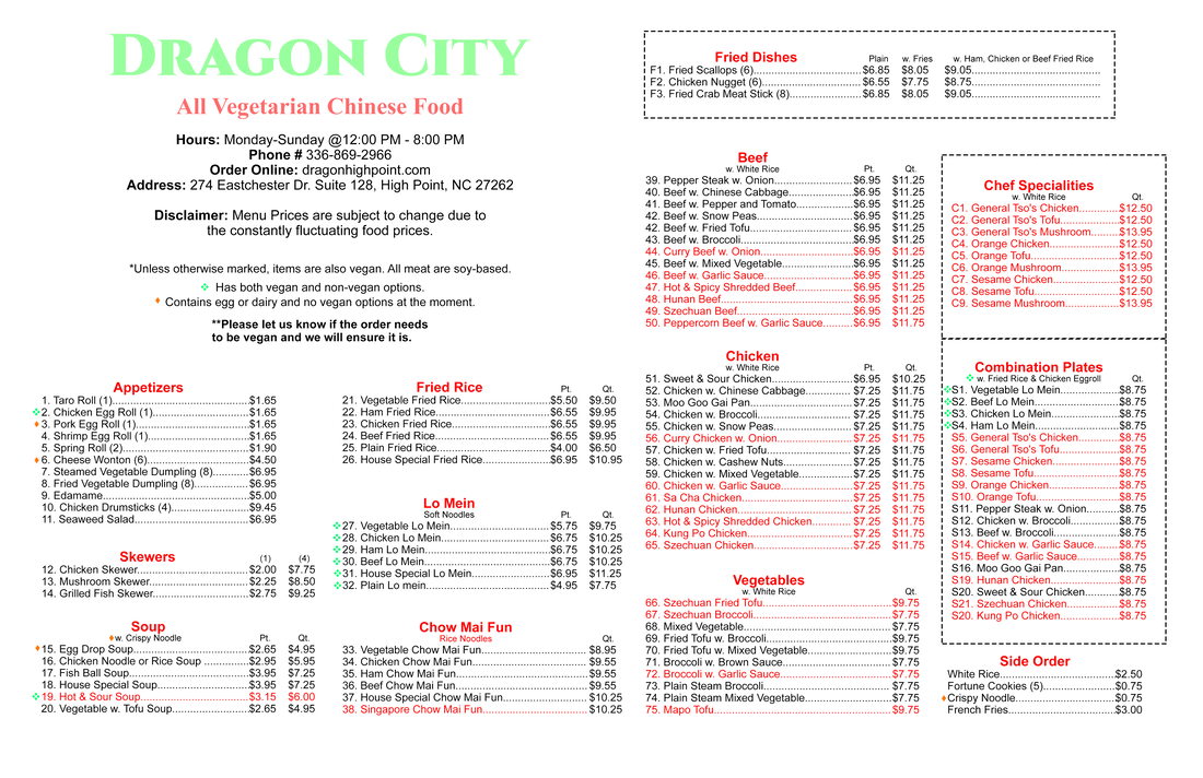 dragon city number 4 menu